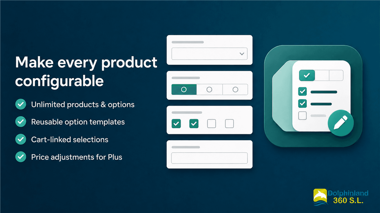 Product Options for Shopify feature overview with reusable templates, cart-linked selections and Plus price adjustments